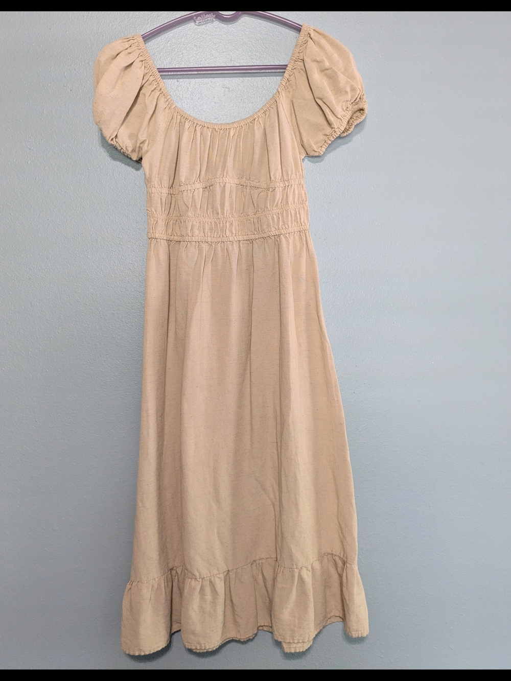 Beige Puff-Sleeve Maxi Dress Linen Blend
